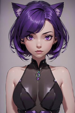  1girl, ((best quality)), ((high res:1:2)), balanced elements, ((purple hair)), natural, ((high detail:1:2)), masterpiece style, ((purple eyes)), focus, ((model style)), cat ears, 