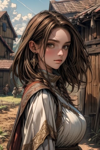 (Masterpiece, best quality, hi_res, extreme detail, perfect anatomy, perfect face), (pretty farm villager), (farming village, medieval fantasy),Brown hair