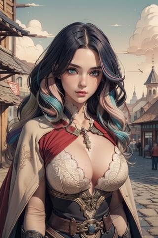 (Masterpiece, high quality,  perfect anatomy, perfect eyes), (beautiful, sensual wizard woman with wavy multicolored hair), (medieval fantasy, bustling town square), more detail XL,1 girl,Detailedface, focus on upper body