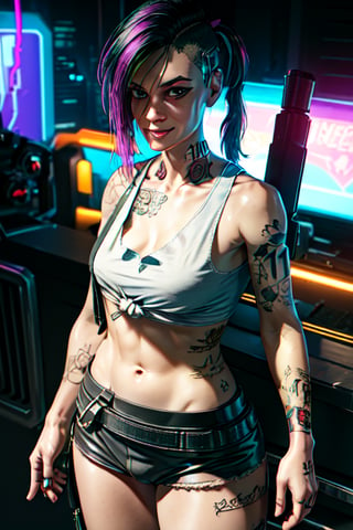 1 Judy, cyberpunk, sexy, tattoos, sexy, badass. Full naked, breasts out, pony tail, tank top, clothed, ,cyberpunk,Detailedface, happy smile, sexy, cute, smoking, sexy,