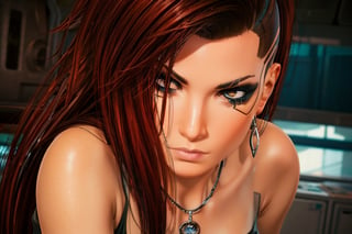 1 girl, dark red hair, brown eyes, close up, badass pose,  future t-shirt, bullet neckless,piercings, ear per