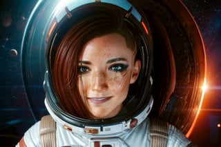  1 girl,  brown eyes, dark red hair, brown eyes, white and red space suit, space, black space, freckles, earth, the moon, the sun, floating in space, space, future, smile, astronaught suit, stronaught helmet, floating in space, selife, alient planet, 