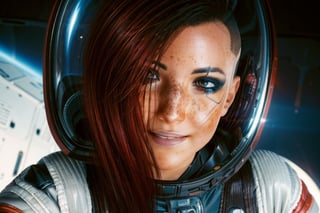  1 girl,  brown eyes, dark red hair, brown eyes, white and red space suit, space, black space, freckles, earth, the moon, the sun, floating in space, space, future, smile, astronaught suit, stronaught helmet, floating in space, selife, alient planet, 