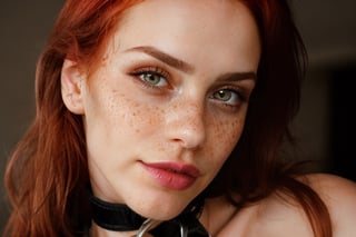 close up, smirk, make-up, photo, rule of thirds, dramatic lighting, bright red hair, long hair, detailed face, detailed nose, woman naked, freckles, collar, ,Realism,, tits,  photoshoot, model, pose breasts, 