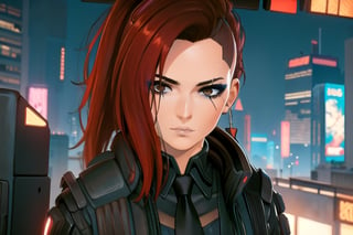 1 girl, red hair, brown eyes, nighty city, cyberpunk, black suit and tie, suit, agent