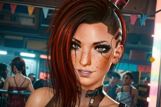  party hat, dancing, celebrating, looking at viewer, future party, future cyberpunk apartment, happy, cake, confetti, dress, sexy dress, lace, 1 girl, behind, brown eyes, dark red hair, brown eyes, close up, freckles,  ear piercings pierced ear, lip piercings,