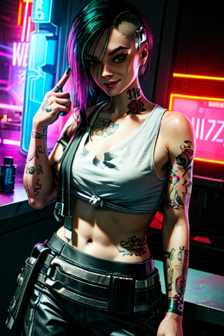 1 Judy, cyberpunk, sexy, tattoos, sexy, badass.  long hair, tank top, clothed, ,cyberpunk,Detailedface, happy smile, sexy, cute, smoking, sexy,