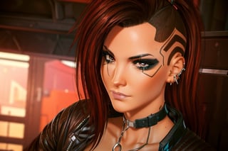 1 girl, dark red hair, brown eyes, close up, badass pose,  future t-shirt, bullet neckless,piercings, ear per