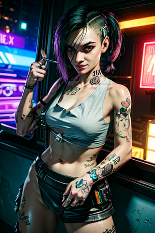 1 Judy, cyberpunk, sexy, tattoos, sexy, badass. Full naked, breasts out, pony tail, tank top, clothed, ,cyberpunk,Detailedface, happy smile, sexy, cute, smoking, sexy,