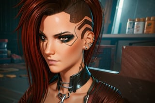 1 girl, dark red hair, brown eyes, close up, badass pose,  future t-shirt, bullet neckless,piercings, ear per