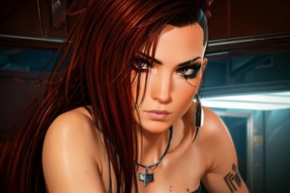 1 girl, dark red hair, brown eyes, close up, badass pose,  future t-shirt, bullet neckless,piercings, ear per