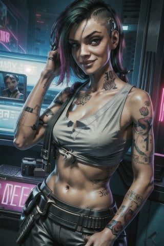 1 Judy, cyberpunk, sexy, tattoos, sexy, badass.  long hair, tank top, clothed, ,cyberpunk,Detailedface, happy smile, sexy, 