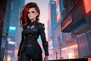 1 girl, red hair, brown eyes, nighty city, cyberpunk, black suit and tie, suit, agent