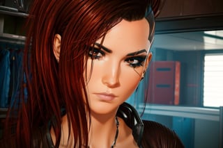 1 girl, dark red hair, brown eyes, close up, badass pose,  future t-shirt, bullet neckless,piercings, ear per