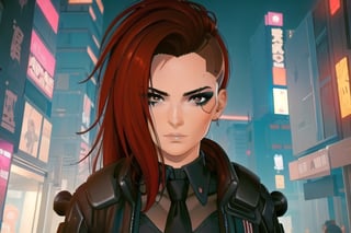 1 girl, red hair, brown eyes, nighty city, cyberpunk, black suit and tie, suit, agent