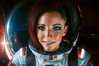  1 girl,  brown eyes, dark red hair, brown eyes, white and red space suit, space, black space, freckles, earth, the moon, the sun, floating in space, space, future, smile, astronaught suit, stronaught helmet, floating in space, selife, alient planet, 