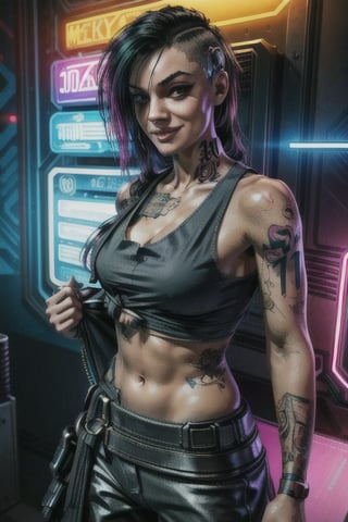 1 Judy, cyberpunk, sexy, tattoos, sexy, badass.  long hair, tank top, clothed, ,cyberpunk,Detailedface, happy smile, sexy, 