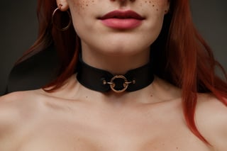 close up, smirk, make-up, photo, rule of thirds, dramatic lighting, bright red hair, long hair, detailed face, detailed nose, woman naked, freckles, collar, ,Realism,, tits,  photoshoot, model, pose breasts, 