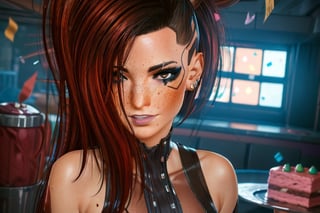  party hat, dancing, celebrating, looking at viewer, future party, future cyberpunk apartment, happy, cake, confetti, dress, sexy dress, lace, 1 girl, behind, brown eyes, dark red hair, brown eyes, close up, freckles,  ear piercings pierced ear, lip piercings,