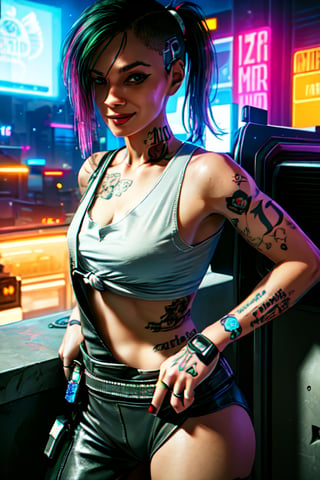 1 Judy, cyberpunk, sexy, tattoos, sexy, badass.  pony tail, tank top, clothed, ,cyberpunk,Detailedface, happy smile, sexy, cute, smoking, sexy,