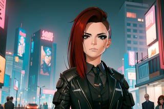 1 girl, red hair, brown eyes, nighty city, cyberpunk, black suit and tie, suit, agent