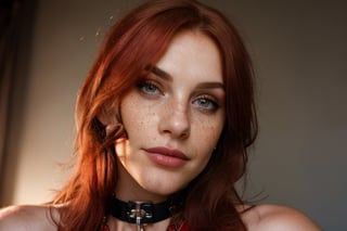 close up, smirk, make-up, photo, rule of thirds, dramatic lighting, bright red hair, long hair, detailed face, detailed nose, woman naked, freckles, collar, ,Realism,, tits,  photoshoot, model, pose breasts, 