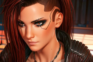 1 girl, dark red hair, brown eyes, close up, badass pose,  future t-shirt, bullet neckless, 