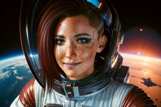  1 girl,  brown eyes, dark red hair, brown eyes, white and red space suit, space, black space, freckles, earth, the moon, the sun, floating in space, space, future, smile, astronaught suit, stronaught helmet, floating in space, selife, alient planet, 