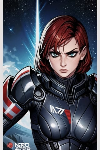 1 girl, Jane, armour, space background, close up, heroic pose, serious mood, N7, Hero, Commander Shepard, Earth, Space, The Moon, Reapers, Movie poster, poster, hero pose