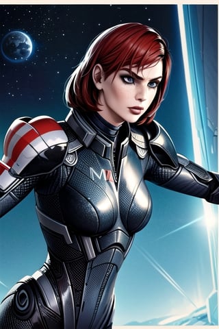 1 girl, Jane, armour, space background, close up, heroic pose, serious mood, N7, Hero, Commander Shepard, Earth, Space, The Moon, Reapers, Movie poster, poster, hero pose,Jane,photo of perfecteyes eyes