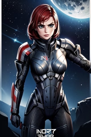 1 girl, Jane, armour, space background, close up, heroic pose, serious mood, N7, Hero, Commander Shepard, Earth, Space, The Moon, Reapers, Movie poster, poster, hero pose