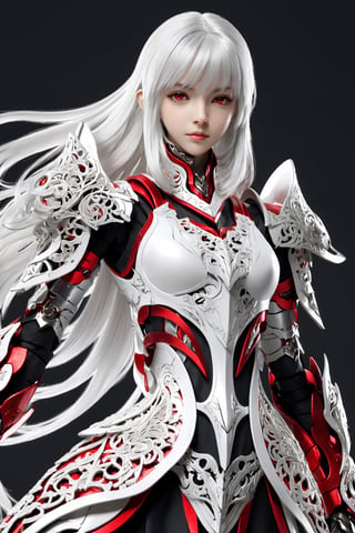 front_view, (1girl, looking at viewer), white long hair, black metalic mechanical_armor, dynamic pose, delicate white filigree, intricate filigree, red metalic parts, intricate armor, detailed part