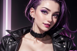 close up, face shot, smile, purple and black jacket, neon light metal collar, 1 girl, , red lips, half shaved head, ear piercings, heavy make-up with  naked, breasts