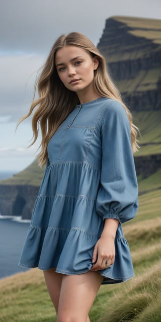 A radiant masterpiece of photography captures the essence of elegance as one stunning girl named Kathy with long hair poses with poise, donning a ASOS DESIGN soft denim smock tiered mini dress in midwash blue . Drenched in warm sunlight, showcasing every detail from the cloth's texture to the delicate curve of her beauty. her figure is accentuated against a backdrop of the stunning The Faroe Islands , its iconic dramatic cliffs, green pastures, and quaint villages, creating a stunning and serene backdrop, perfect for nature-themed photo-shoots, The best quality lens and expert composition come together to create an award-winning image that exudes sophistication.,more detail XL,Extremely Realistic