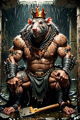 digital art 8k,  a ripped,  muscluar,  humanoid rat sitting on a toilet in a dark damp sewer,  wearing a crown, the rat king is weilding a large sledge hammer over its shoulder. The rat king should have scars, wounds from battle, war tattoos, gold chains around his neck. The rat king should have TEXT "kingrat_" text logo tattooed on his arm; as well as, TEXT "2024" text logo should be tattooed on his other arm. The rat king should have hairy rat feet.  

The rat king should look aggressive and defiant.,band_bodysuit,Movie Still,Text