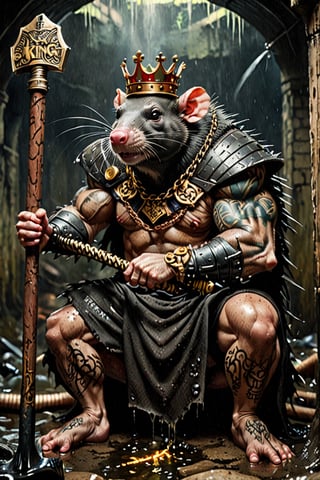 digital art 8k,  a ripped,  muscluar,  humanoid rat sitting on a toilet in a dark damp sewer,  wearing a crown, the rat king is weilding a large sledge hammer over its shoulder. The rat king should have scars, wounds from battle, war tattoos, gold chains around his neck. The rat king should have "kingrat_" text logo tattooed on his arm. "2024" text logo should be tattooed on his other arm. The rat king should have rat feet.

The rat king should look aggressive and defiant.,band_bodysuit,Movie Still,Text