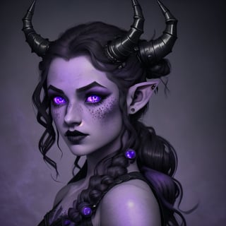 ultra detailed abstract photography of a cute pale draconian girl in full body pose, mix of dragon and girl, half dragon, purple ponytail with black strands hair, (masterpiece), realistic, beautiful face, cinematic light, (beautiful purple eyes:1.3), perfect anatomy,dragon horns,fine detailed silver crescent glasses, pointy ears, cowboy shot, medium breasts, (fine detailed scaly skin:1),black lips, black eye shadow, white_eyes, glowing eyes, purple_skin, elf_ears