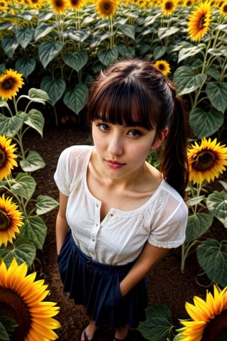 1girl,25yo,twintails, blue eyes, pale skin, lies on the sunflower garden, looking towards wide blue sky and clouds, perspective from a high vantage point, hi contrast, highlight shadow, photorealistic. masterpiece,flower