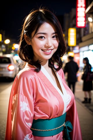 Japanese maiko with stunning smile, pink cherry blossom kimono, in the dark, red soft backlight, Nikon D3, at night street tokyo
