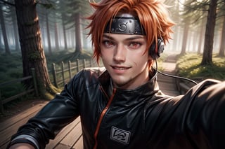  naruto 1 man ,red eyes, orange outift, forests  background, spiky orange hair, pretty smile, take selfie, use headphone, no beard