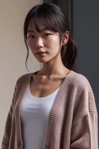 absurdres, highres, ultra detailed, (1girl:1.3), BREAK , japanese woman wearing a cardigan,photorealistic