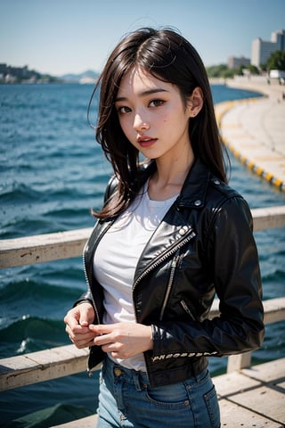 centered, award winning upper body photography, (hyperelistic shadows), masterpiece, | korean, tight blue jean, open leather jacket, | city, sea, bokeh, blurred background, depth of field, 

