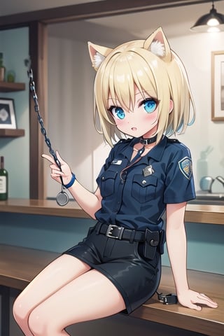 Bar_background, high_resolution, best quality, dark, extremely detailed, HD, 8K, small_breasts, blonde_hair, short_hair, dog_ears, dog_collar, (dog_leash:1.2), (police_outfit:1.4), sit_on_flooe