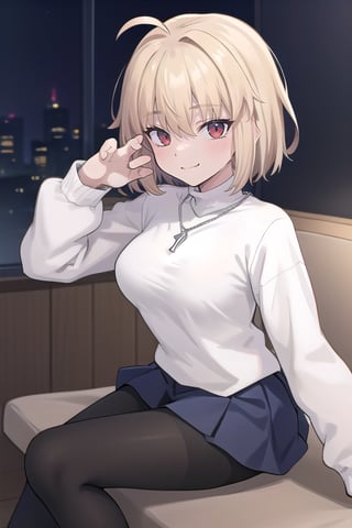 bedroom_background, high_resolution, best quality, extremely detailed, HD, 8K, 
1 girl, solo, figure_sexy, hot,, (smug_face:1.2),  (dynamic_pose:1.1), (night:1.4),  sitting_down, 1girl, solo, chain necklace\(arcueid\), black pantyhose, white long sleeves turtleneck sweater, blue pleated skirt, looking at viewer, (middle_breast)