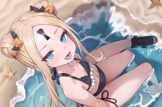 beach_background, high_resolution, best quality, extremely detailed, HD, 8K, detalied_face,
figure_sexy, 133 cm, 1 girl, long hair, smug face, cheerful eyes, (from_above:1.4), hmaw4, long hair, double bun, black bikini, collarbone, sitting_down, arms_raised, knees_together, keyhole_on_forehead, ahegao, tongue, open_mouth