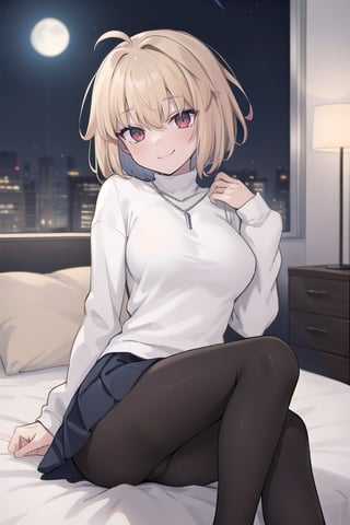 bedroom_background, high_resolution, best quality, extremely detailed, HD, 8K, 
1 girl, solo, figure_sexy, hot,, (smug_face:1.2),   (night:1.4),  sitting_down, 1girl, solo, chain necklace\(arcueid\), black pantyhose, white long sleeves turtleneck sweater, blue pleated skirt, looking at viewer, (middle_breast)