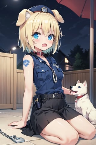 Bar_background, high_resolution, best quality, dark, extremely detailed, HD, 8K, small_breasts, blonde_hair, short_hair, dog_ears, dog_collar, (dog_leash:1.2), (police_outfit:1.4), sit_on_floor, skirt, hat , open_mouth, (night:1.5)