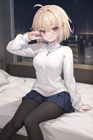 bedroom_background, high_resolution, best quality, extremely detailed, HD, 8K, 
1 girl, solo, figure_sexy, hot,, (smug_face:1.2),  (dynamic_pose:1.1), (night:1.4),  sitting_down, 1girl, solo, chain necklace\(arcueid\), black pantyhose, white long sleeves turtleneck sweater, blue pleated skirt, looking at viewer, (middle_breast)