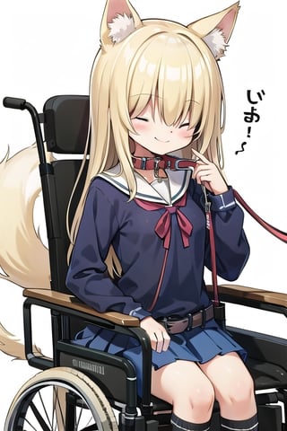 School_background, high_resolution, best quality, dark, extremely detailed, HD, 8K, , figure_sexy, solo, (small_breasts:1.2), apathetic, (tiny_girl:1.6) smile, blonde_hair, long_hair, (sit_on_wheelchair:1.4), kitsune_ears, black_cat_collar, (leash:1.4), (school_uniform:1.2), , upper_body, Hair over eyes,