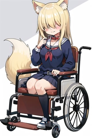 School_background, high_resolution, best quality, dark, extremely detailed, HD, 8K, , figure_sexy, solo, (middle_breasts:1.2), apathetic, (tiny_girl:1.2) smile, blonde_hair, long_hair, (sit_on_wheelchair:1.4), kitsune_ears, black_cat_collar, (leash:1.4), (school_uniform:1.2), , upper_body, Hair over eyes,